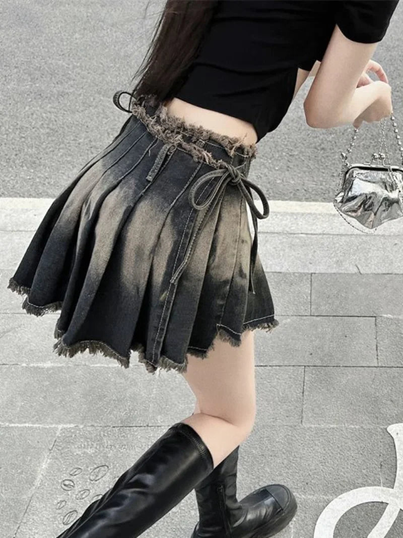 Gothic Pleated Slim Vintage Denim Skirt