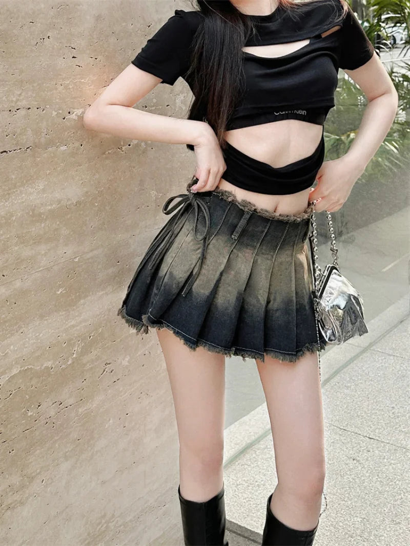 Gothic Pleated Slim Vintage Denim Skirt