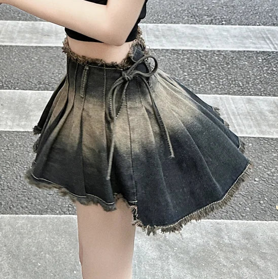 Gothic Pleated Slim Vintage Denim Skirt