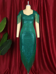 Green Tassel  Irregular Length Sequins Retro Evening Cocktail Party Outfits