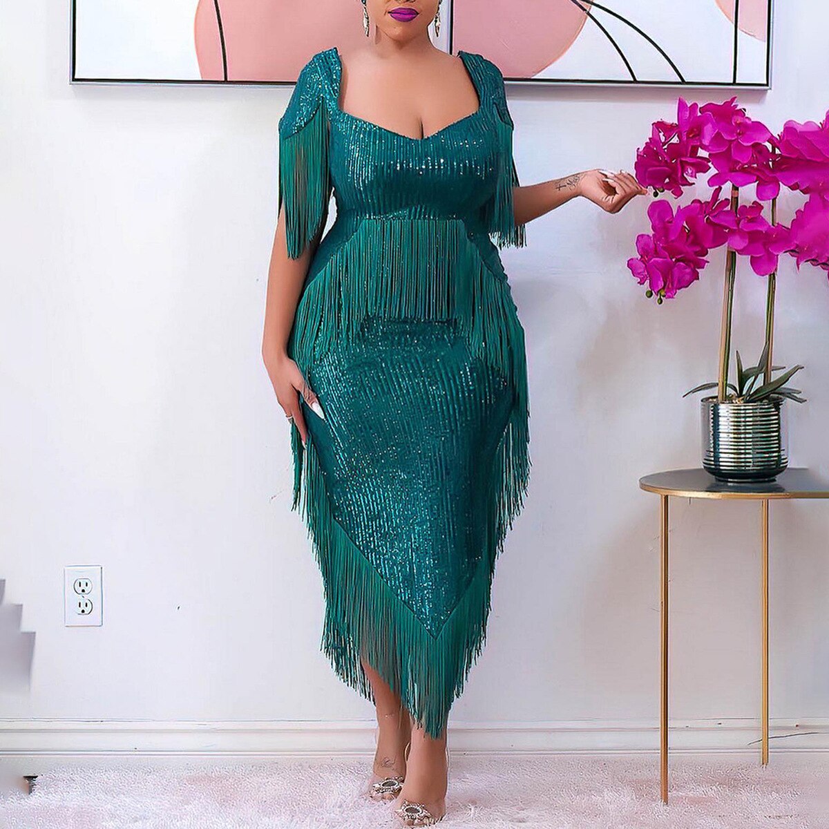 Green Tassel  Irregular Length Sequins Retro Evening Cocktail Party Outfits