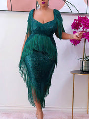 Green Tassel  Irregular Length Sequins Retro Evening Cocktail Party Outfits