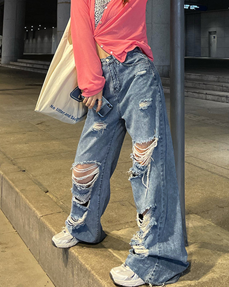 Women's Street Jeans Ripped Jeans High Waisted Baggy Jeans Wide Leg Jeans Y2K Hip Hop Pants