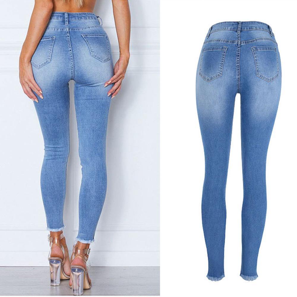 Elastic Ripped Cutout Cuff Washed Jeans