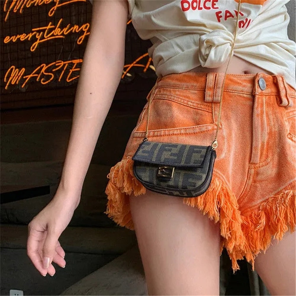 Orange Tassel Patchwork Mid Waist Pockets Gothic High Street Short Jeans