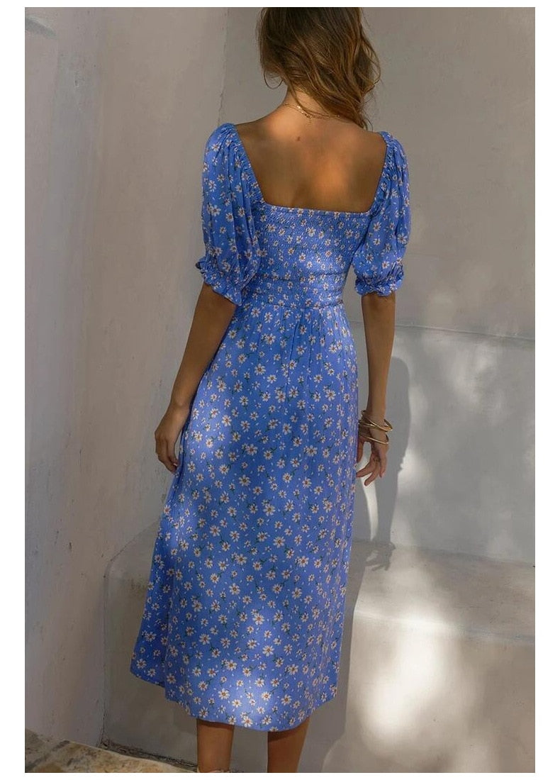 Midi Dress Vintage Floral Print Split Blue Sundress Elegant Party Beach Dress