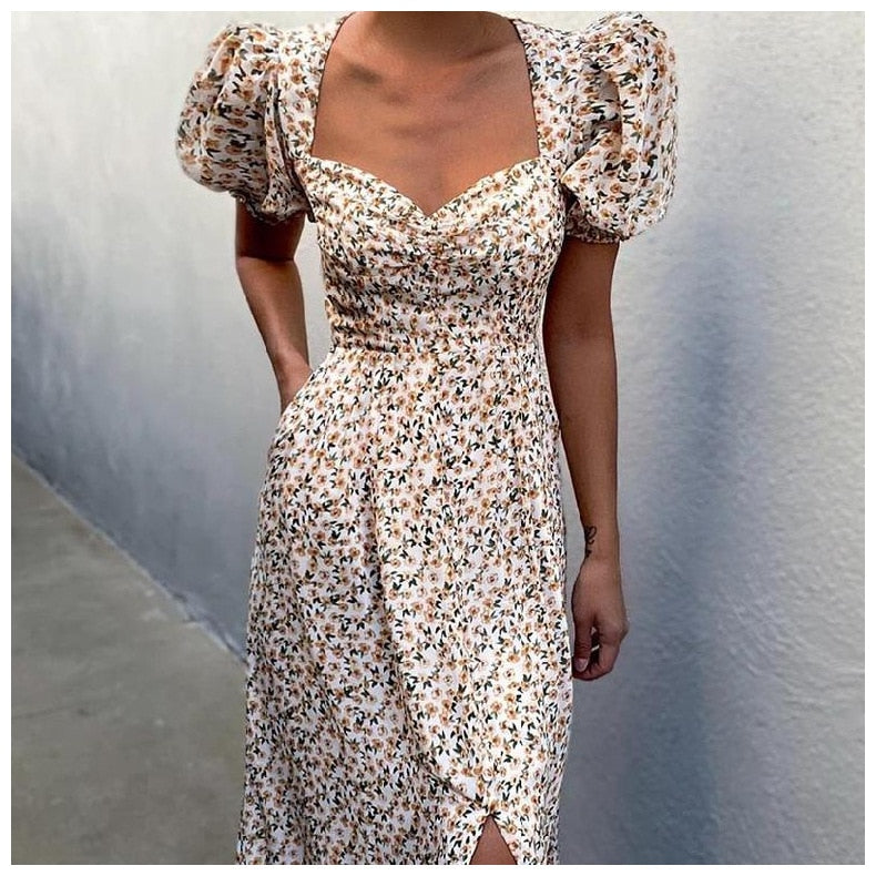 Midi Dress Vintage V Neck White Floral Print French Style Sundress  Slit Party Dresses