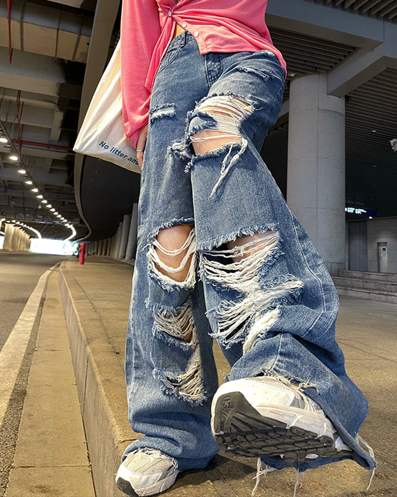 Women's Street Jeans Ripped Jeans High Waisted Baggy Jeans Wide Leg Jeans Y2K Hip Hop Pants