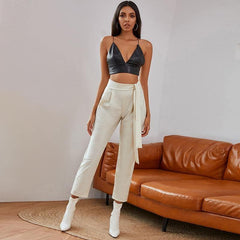 Knotted Belt White Women Pants