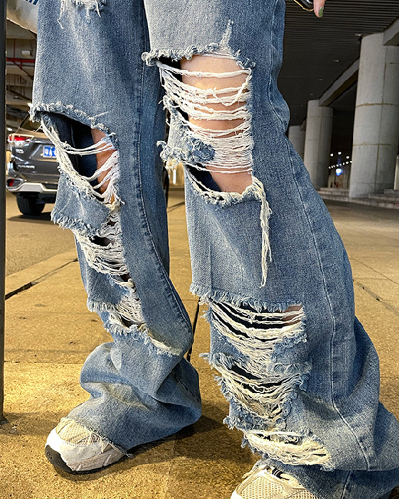 Women's Street Jeans Ripped Jeans High Waisted Baggy Jeans Wide Leg Jeans Y2K Hip Hop Pants