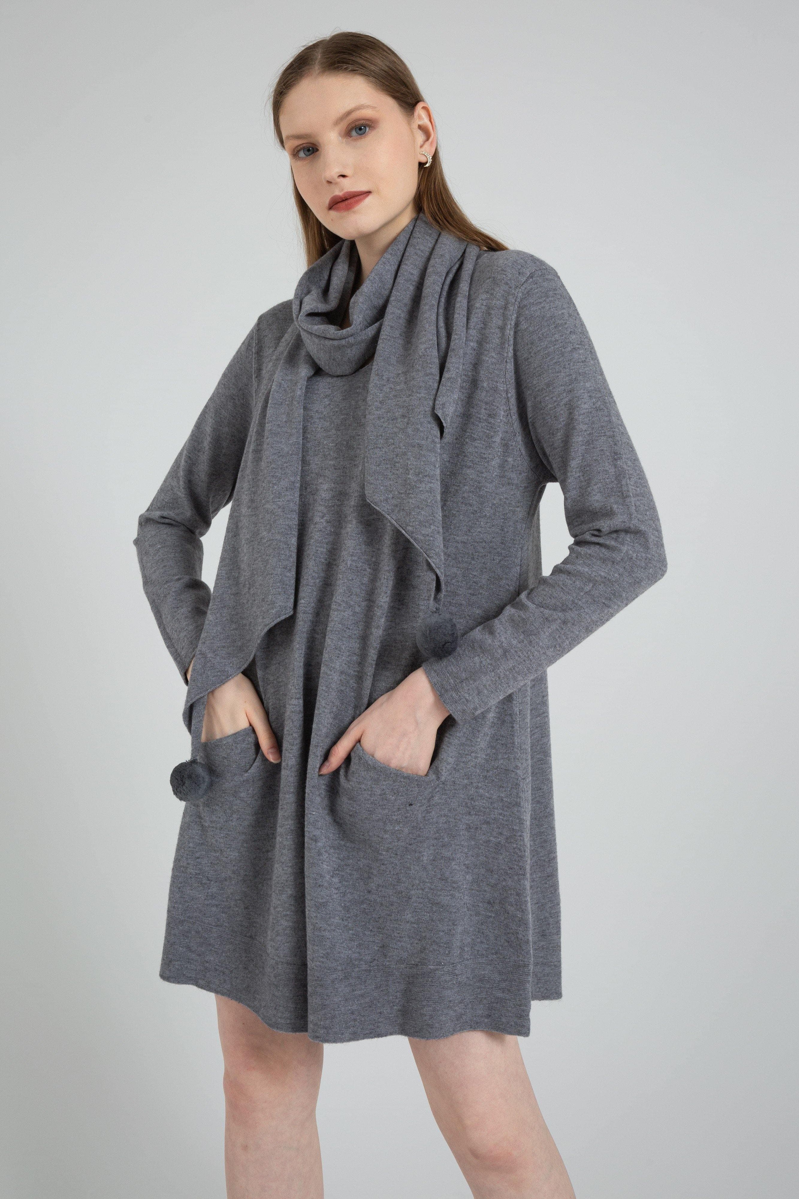 Long Sleeve Casual Soft Sweater Dress + Scarf