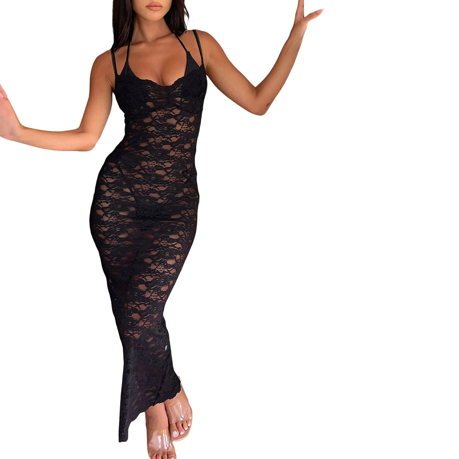 Boho Full Lace High Split Spaghetti Straps Sheer Bodycon Dress