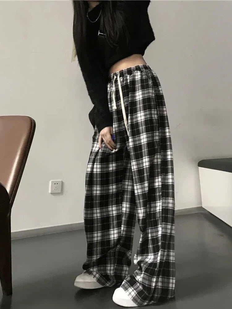 Oversize Plaid Korean Fashion Checked For Female Wide Leg Pant