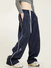 Hip Hop Striped Oversize Zipper Wide Leg Jogger Sports Female Kpop Pant