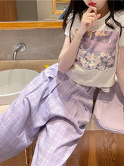 Purple Plaid Kawaii Soft Girl Oversize Wide Leg Checked Pant