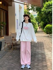 Pink Plaid Korean Fashion Oversized Jogging Pant