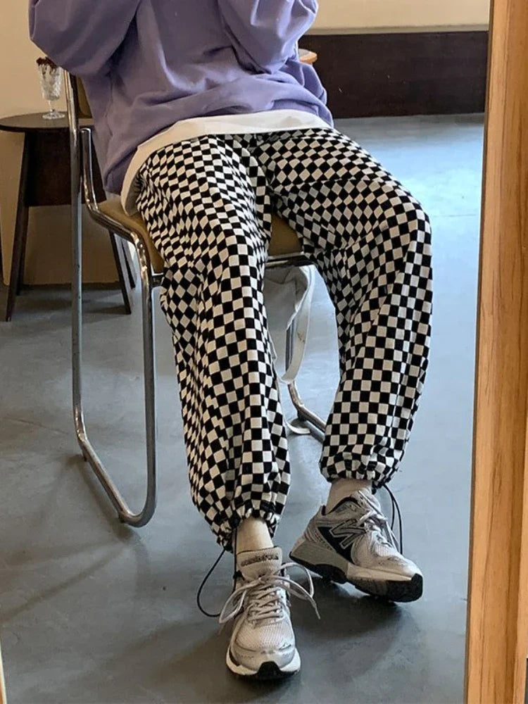 Pink Plaid Korean Fashion Oversized Jogging Pant