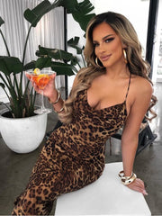 HOVON  Backless Cross  Bodycon Maxi Long Leopard  Dresses