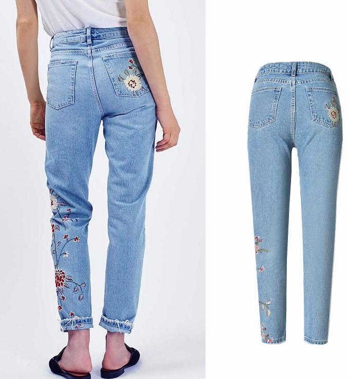 Flower Embroidery  High Waist Jeans Blue