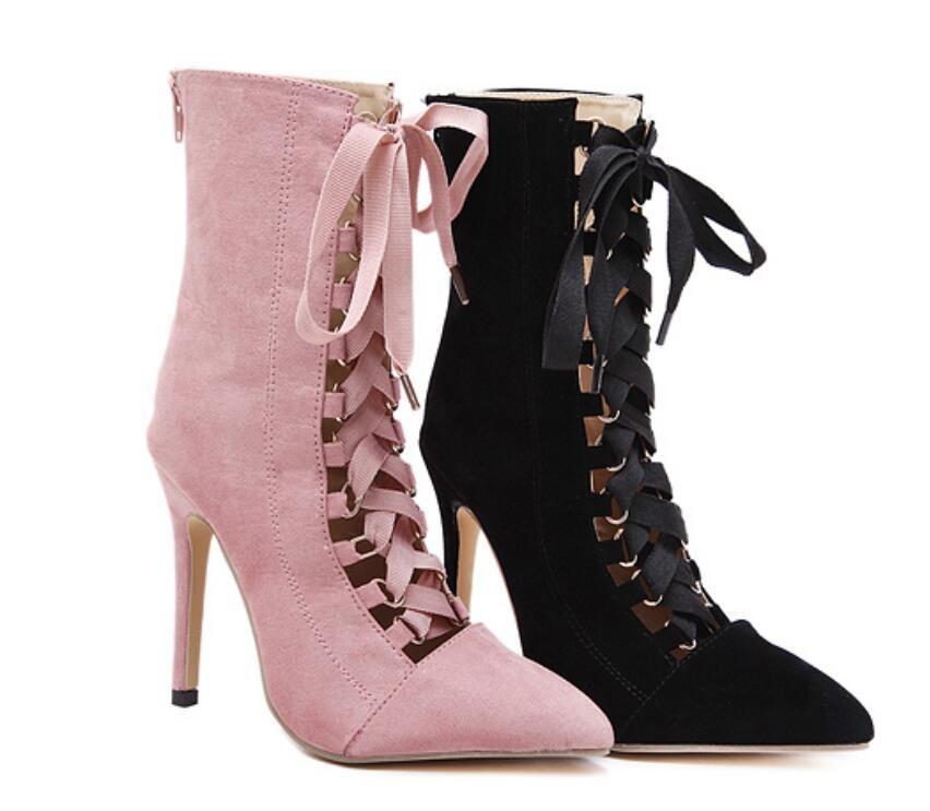 Gladiator Stiletto Booties Pointed Toe Strappy Lace Up Pumps