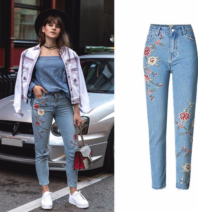 Flower Embroidery  High Waist Jeans Blue