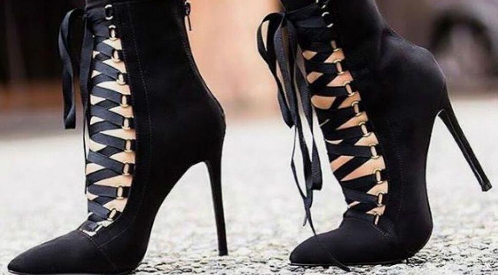 Gladiator Stiletto Booties Pointed Toe Strappy Lace Up Pumps