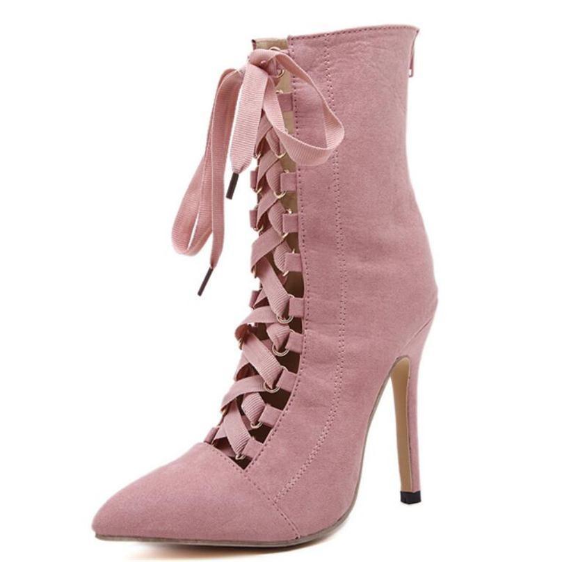 Gladiator Stiletto Booties Pointed Toe Strappy Lace Up Pumps