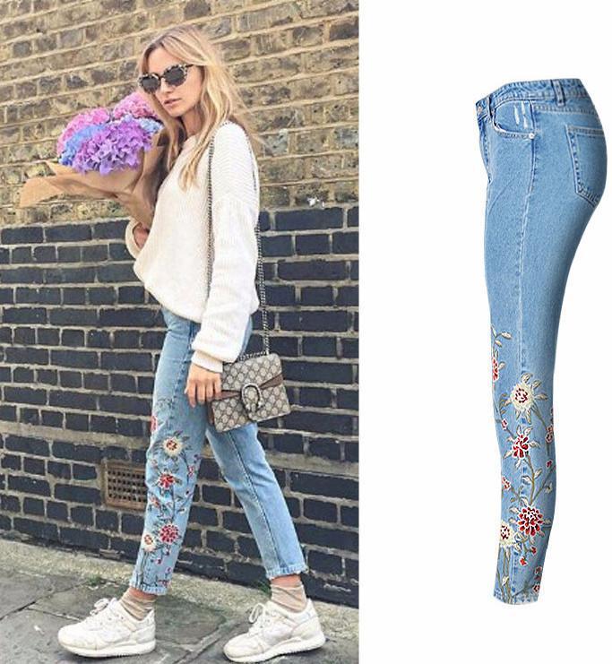 Flower Embroidery  High Waist Jeans Blue