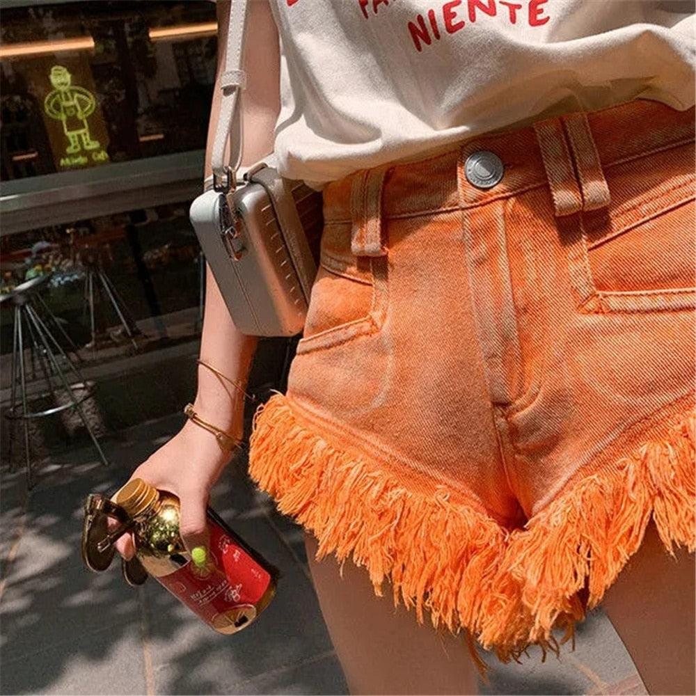 Orange Tassel Patchwork Mid Waist Pockets Gothic High Street Short Jeans