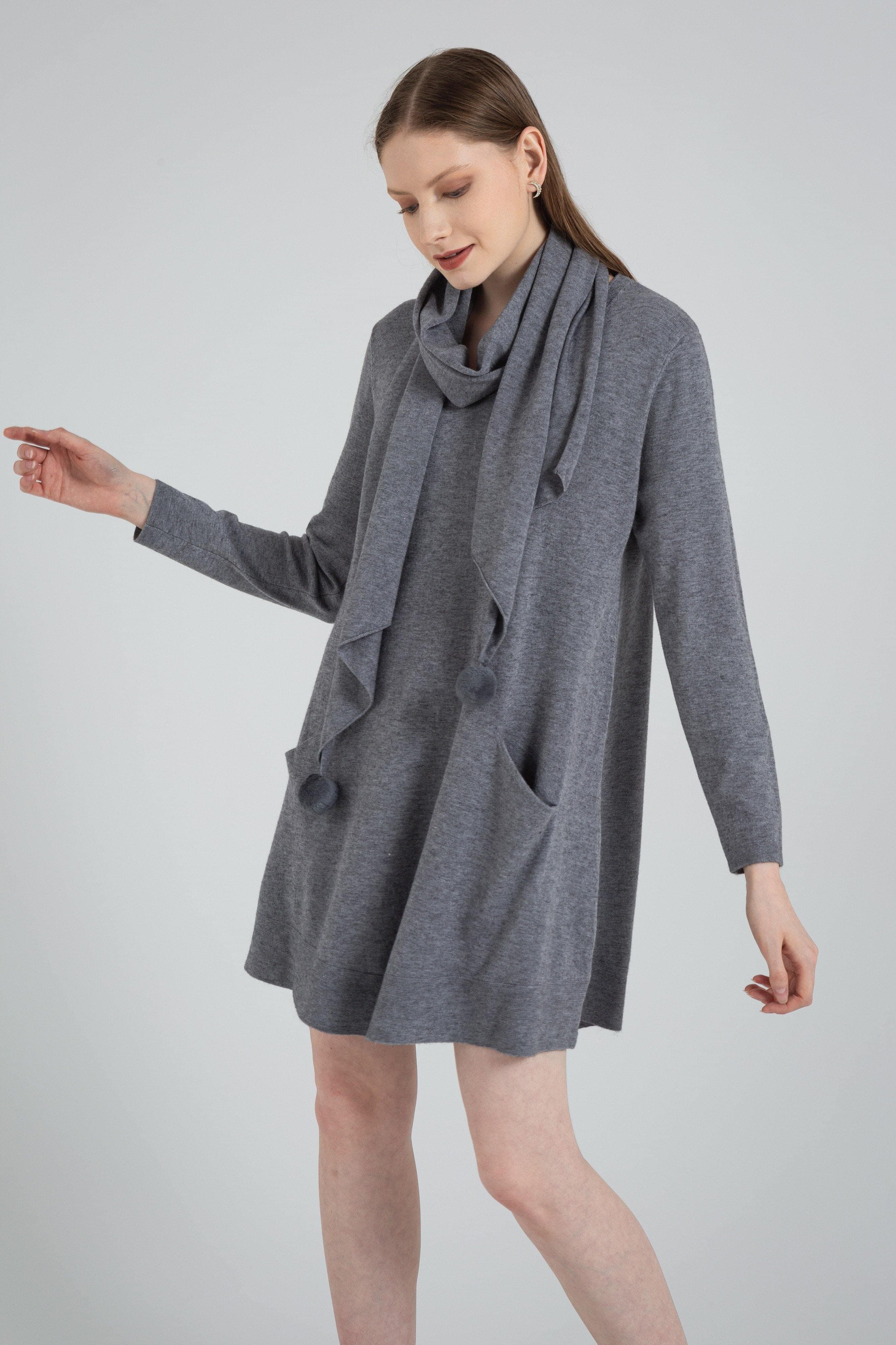 Long Sleeve Casual Soft Sweater Dress + Scarf