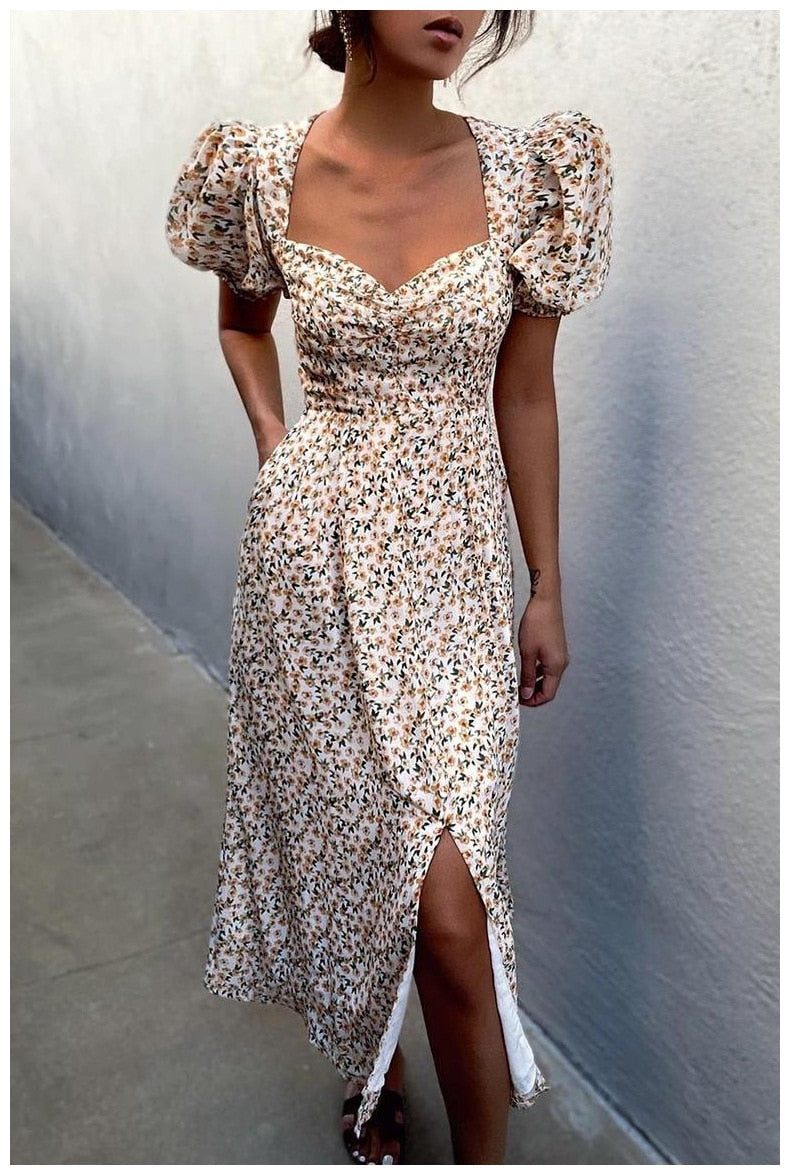 Midi Dress Vintage V Neck White Floral Print French Style Sundress  Slit Party Dresses