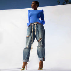 Shoulder Pads Knitted Elastic Tee
