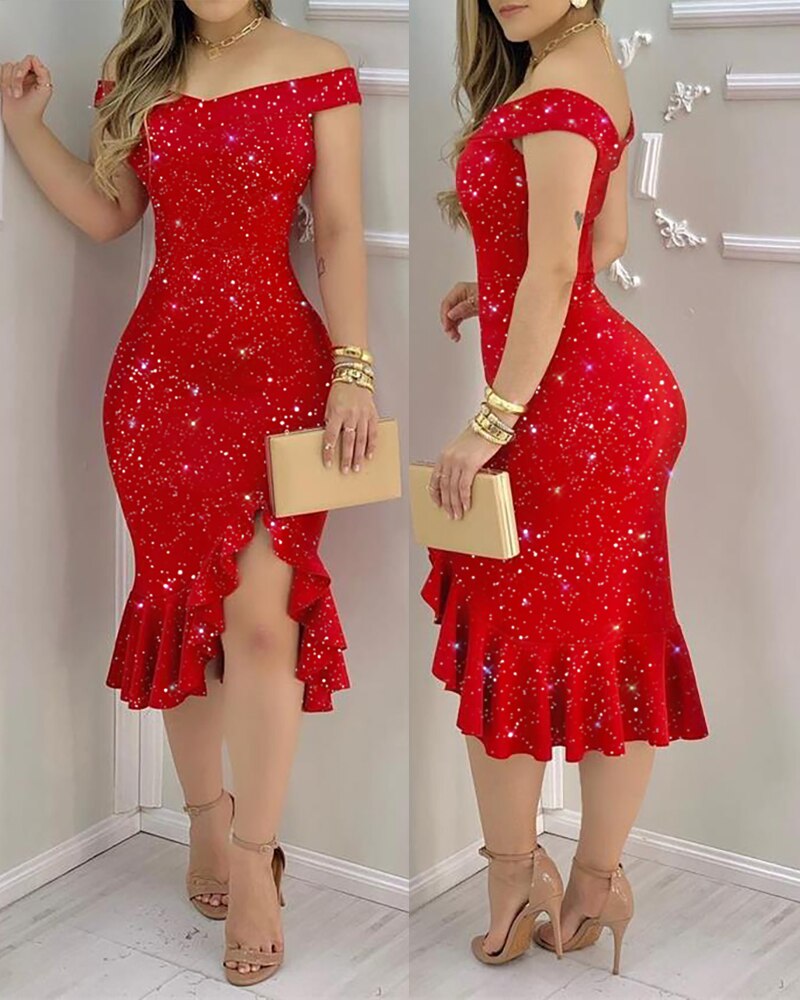 Elegant  Glitter Off-Shoulder Ruffles Slit Midi Dress  Party Solid Dress