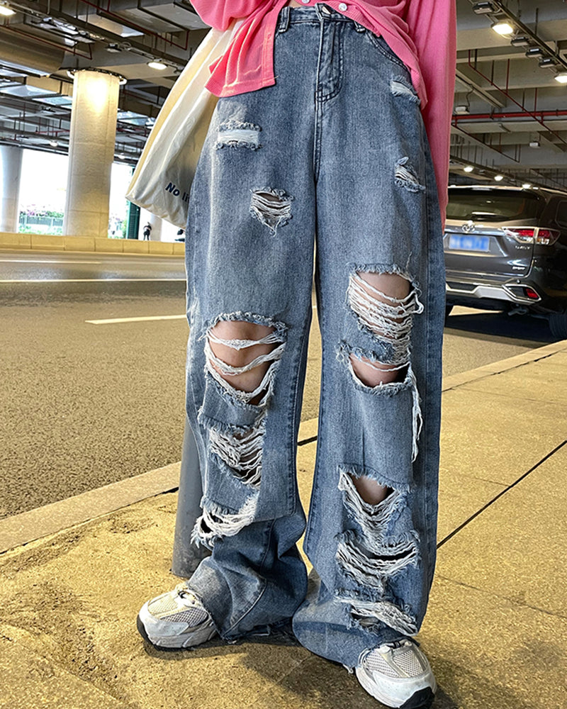 Women's Street Jeans Ripped Jeans High Waisted Baggy Jeans Wide Leg Jeans Y2K Hip Hop Pants