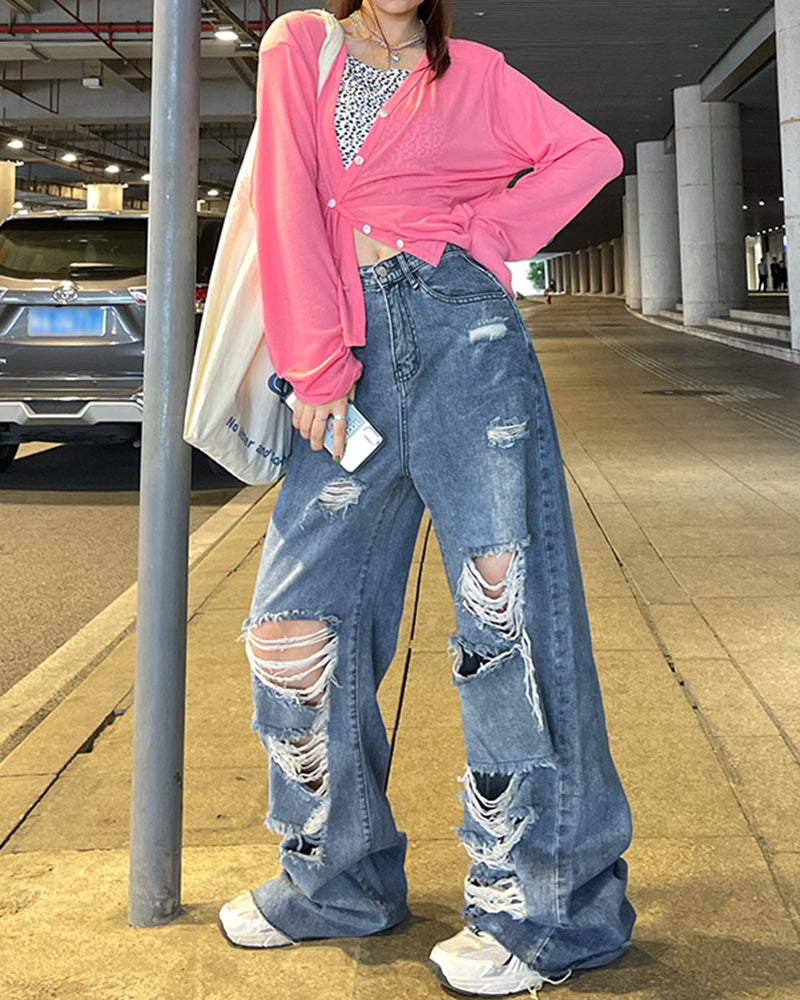 Women's Street Jeans Ripped Jeans High Waisted Baggy Jeans Wide Leg Jeans Y2K Hip Hop Pants