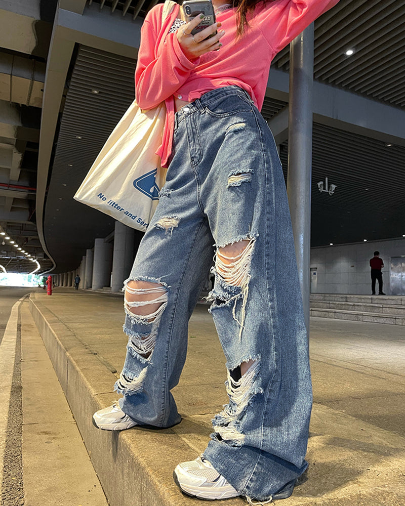 Women's Street Jeans Ripped Jeans High Waisted Baggy Jeans Wide Leg Jeans Y2K Hip Hop Pants