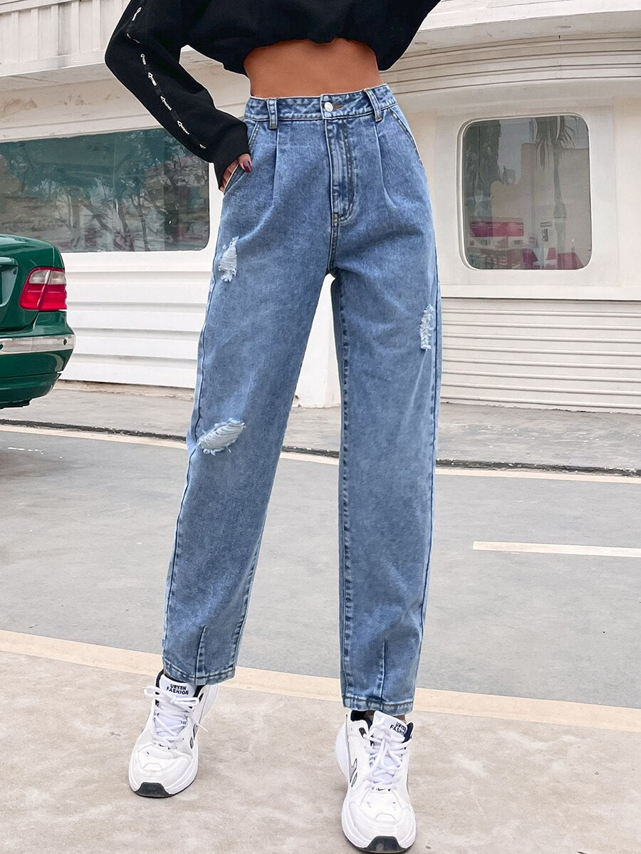 Solid Pleat Front Ripped Jeans