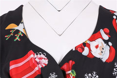 Snowflake Printed Red V-Neck Wrap High Waist Vintage Robe Christmas Dress