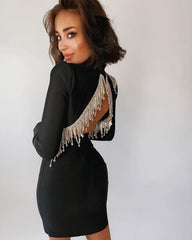 High-Quality Red Black  Sparkly Backless Diamonds Tassel Rayon Bandage Dress