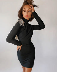 High-Quality Red Black  Sparkly Backless Diamonds Tassel Rayon Bandage Dress