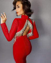 High-Quality Red Black  Sparkly Backless Diamonds Tassel Rayon Bandage Dress