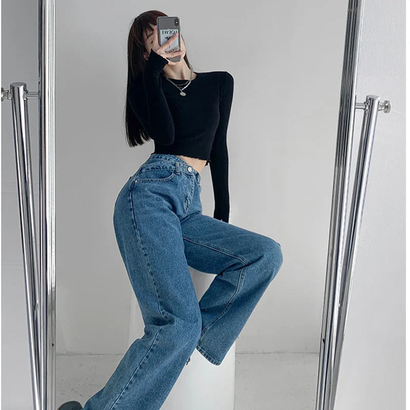 Harajuku Korean Ulzzang High Waist Blue Jeans Daily Casual