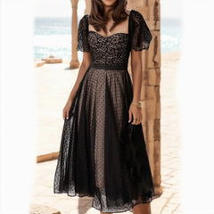 High Waist Vintage Square Collar Tulle Long Summer Midi Dress