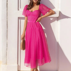High Waist Vintage Square Collar Tulle Long Summer Midi Dress
