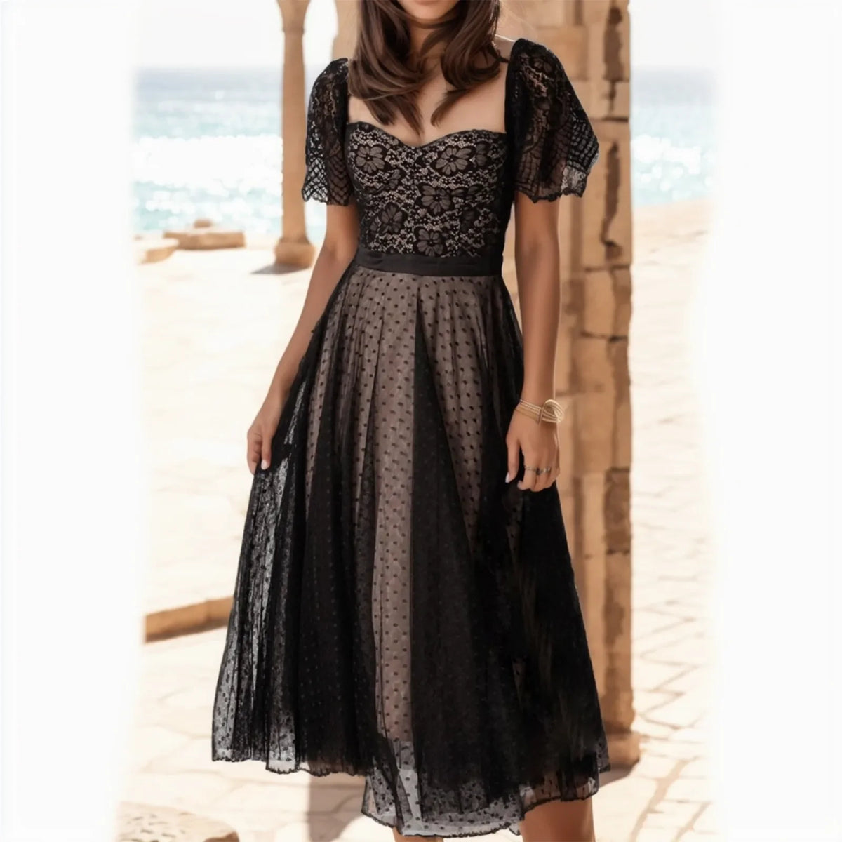 High Waist Vintage Square Collar Tulle Long Summer Midi Dress
