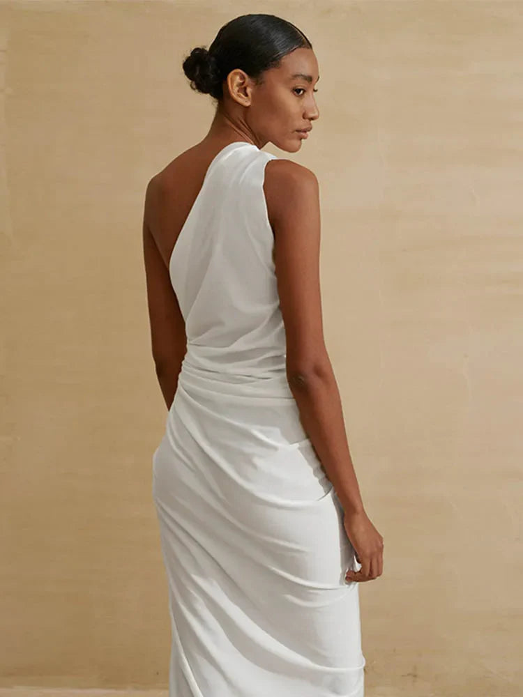 Hollow Out White One Shoulder Sleeveless Y2K Nightclub Midi Dresses