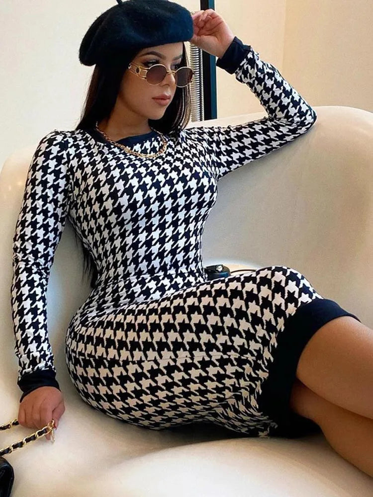 Houndstooth Long Sleeve Hollow Out Bodycon  Autumn Winter Club Elegant Slim Midi Dresses