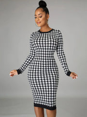 Houndstooth Long Sleeve Hollow Out Bodycon  Autumn Winter Club Elegant Slim Midi Dresses