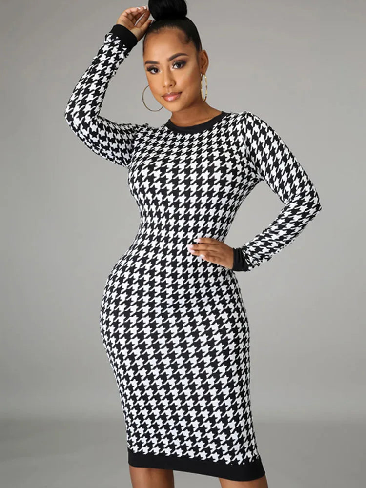 Houndstooth Long Sleeve Hollow Out Bodycon  Autumn Winter Club Elegant Slim Midi Dresses