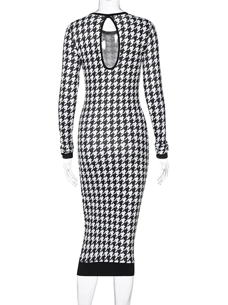 Houndstooth Long Sleeve Hollow Out Bodycon  Autumn Winter Club Elegant Slim Midi Dresses